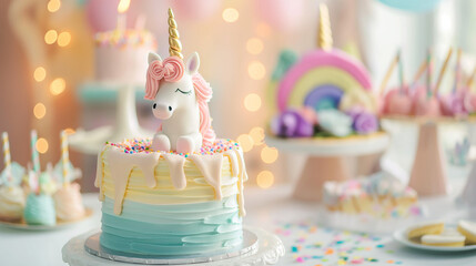 Unicorn birthday cake with pastel icing and sprinkles