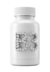 3D Render Illustration Of White Bottle With B3 Vitamin Pills In Transparent Background