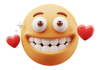 3D Render Illustration Of Smiling Emoji With Hearts On Transparent Background