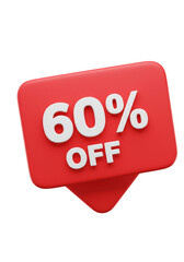 3D Render Isolated Red 60 Percent Off Promotion Label Tag Icon on Transparent Background
