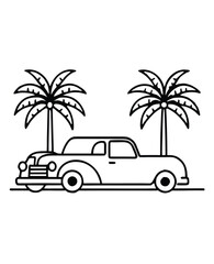 Vintage car with palm trees in a simple black line illustration