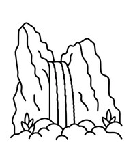 Fototapeta premium Minimalist waterfall illustration surrounded by rocks and foliage for nature designs