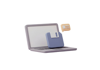 3D Render Laptop With Disk Icon And Message Bubble Isolated Background