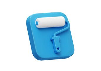3D Render Of A Blue Paint Roller Tool Icon On Transparent Background