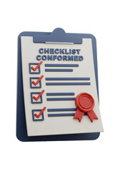 3D Render Of A Checklist Document With A Conformed Stamp And Seal In Blue And White