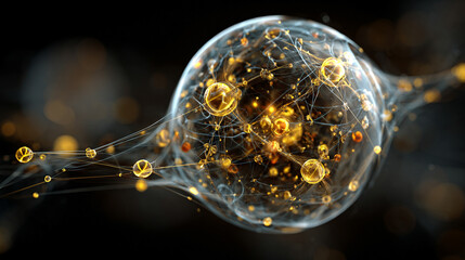 Bright glowing 3D particle sphere rotating in space. Abstract tech and AI concept with dynamic yellow and blue energy.