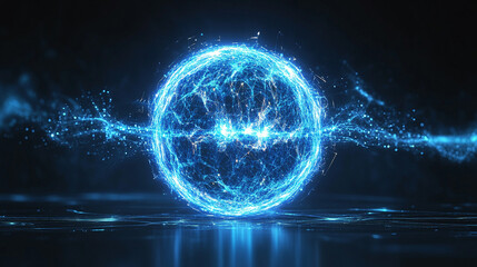 Bright glowing 3D particle sphere rotating in space. Abstract tech and AI concept with dynamic yellow and blue energy.