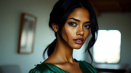 Stylish Young Woman with Jet Black Hair and an Emerald Green Blouse