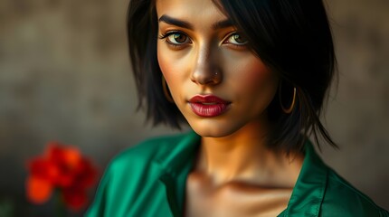 Stylish Young Woman with Jet Black Hair and an Emerald Green Blouse