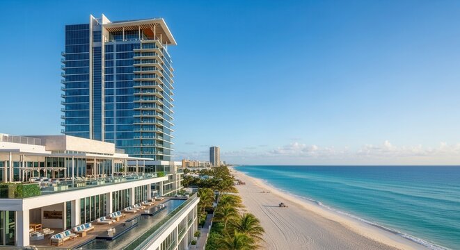 Modern luxury hotel on a pristine beach with turquoise water under a clear blue sky - Powered by Adobe