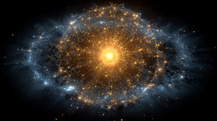 Bright glowing 3D particle sphere rotating in space. Abstract tech and AI concept with dynamic yellow and blue energy.