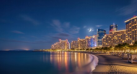 Palm Jumeirah at night: Luxurious hotels illuminated under the crescent moon glow along the serene