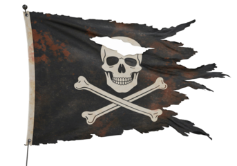 Tattered pirate flag with skull and crossbones on transparent background