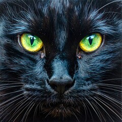 Close-up black cat face, bright eyes