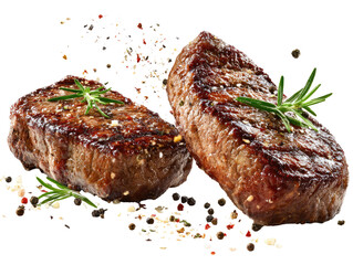 Two grilled steaks, browned and seasoned, with sprigs of fresh rosemary.  A scattering of pepper and spice surrounds the steaks © Ajinomoto