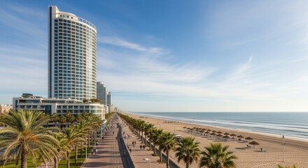 Panoramic view of the Virginia Beach oceanfront with modern hotels and sandy beaches