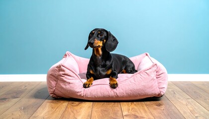 Dachshund in a pink dog bed