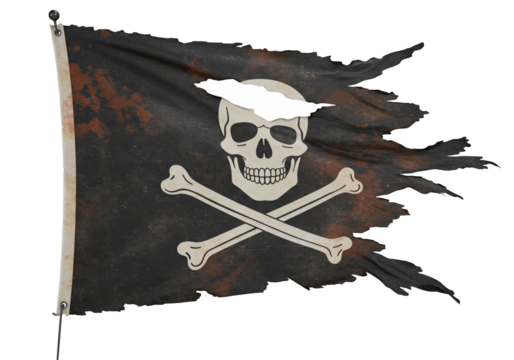 Tattered pirate flag with skull and crossbones on transparent background