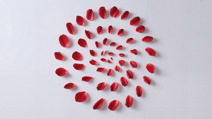 Red rose petals arranged in a spiral pattern on a white background with varying sizes creating an artistic and visually appealing floral design with negative space.