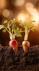 Freshly harvested autumn carrots growing from dark soil with rich earthy texture and soft golden light, ideal for a rustic fall banner with copy space