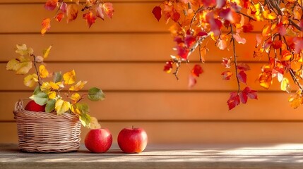 Red apples in a wicker basket with colorful autumn leaves on wooden surface, against house siding in warm light, creating a cheerful fall banner with copy space