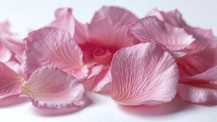 Soft delicate pink rose petals scattered closely together on a white surface with natural light highlighting the texture and color variations of each petal in detail