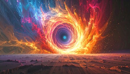A swirling vortex of vibrant colors bursts forth from a desolate landscape