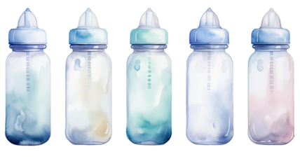 Set of baby bottles in watercolor with different colors infant feeding illustration on white background