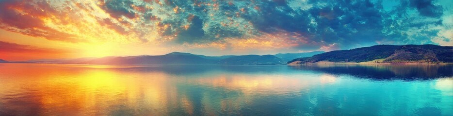 Obraz premium Magnificent panoramic view of a vibrant sunset over a calm lake, with a sky filled with colorful clouds, majestic mountains in the distance, and the sun's glow reflecting on the water, creating a sere
