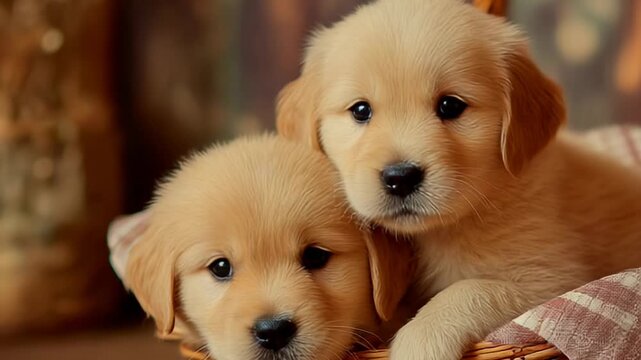 Adorable golden retriever puppies cuddle