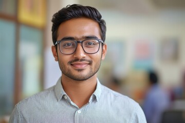 Fototapeta premium Selfie of a young Indian man standing in the office, smiling at the phone camera, capturing a moment of happiness and success during a break at work, Generative AI