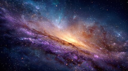 Obraz premium Majestic spiral galaxy with vibrant purple, blue, orange, and white hues illuminating the deep cosmic expanse, surrounded by countless shimmering stars and ethereal nebulae. This breathtaking celestia