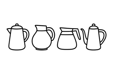 Coffee pot and carafe line icon set. Collection of minimalist vector illustrations of kitchenware. Simple outline graphic for cafe, restaurant menu, or breakfast concept.