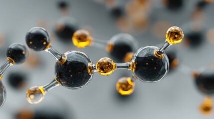 Molecular structure featuring interconnected black and gold spheres rendered 3D