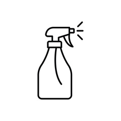 A black outline illustration of a spray bottle with a trigger and spray lines. Editable stroke. Icon vector illustration