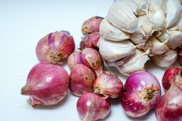 garlic and shallot on white background,