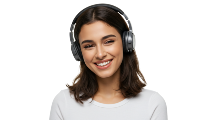 Smiling woman wearing headphones transparent background