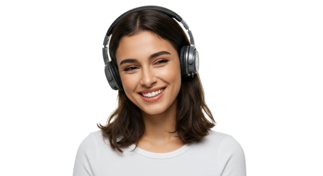 Smiling woman wearing headphones transparent background - Powered by Adobe