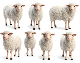 Multiple sheep in various poses against a white background.  3D rendered
