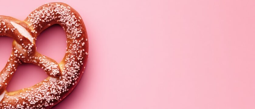 Close-up of a Pretzel with Salt on a Pink Background, Showing Food Texture and Crunchy Exterior for Snack and Bakery Theme