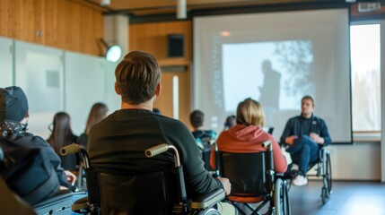 Diverse group in wheelchairs learning