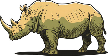 Fototapeta premium A powerful rhinoceros in side view. This large, horned mammal is an endangered species from Africa and Asia. Hand drawn illustration isolated on a white background.