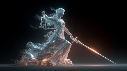 A futuristic interpretation of Lady Justice made of digital particles, symbolizing law and order in the tech era.