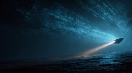 A futuristic submarine searching an ocean of digital data, symbolizing the legal discovery process.