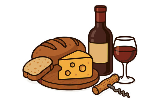 wine, cheese, bread, corkscrew cartoon still life clip art preview