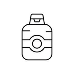 A black outline illustration of a bottle with a cap a central circular feature and horizontal lines. Editable stroke. Icon vector illustration