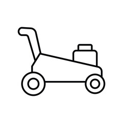 A line drawing depicts a lawnmower It has two wheels a handle and a rectangular engine. Editable stroke. Icon vector illustration