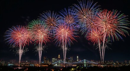Vibrant fireworks illuminate the night sky above a city skyline and bridge, celebrating an event.