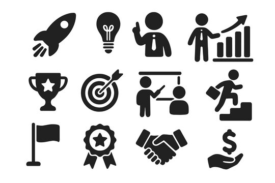 Business icons set for success and growth. Vector pictograms for startup, finance, career development, and achievement. Includes rocket, lightbulb, target, and handshake symbols.