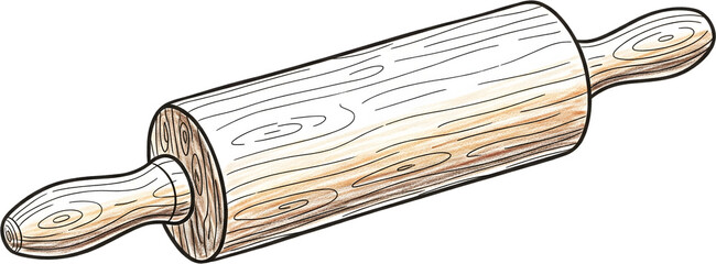 A wooden rolling pin, classic kitchen utensil for baking and preparing dough. Hand drawn illustration style, isolated on a white background. Essential for any baker or cook.